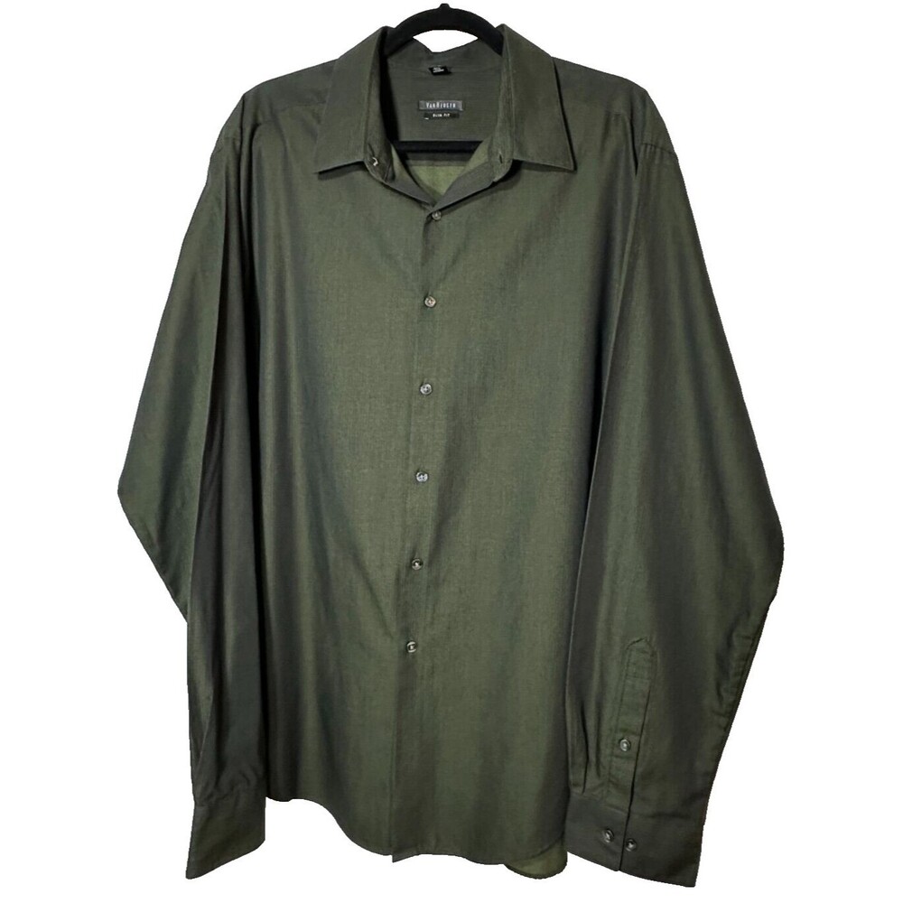 Van Heusen Dress Shirt Men's 18.5 36-37 Slim Fit Green Wrinkle Free Button Down